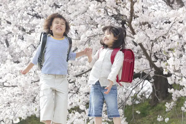 Mignon Japonais Fille Garçon Dans Printemps Parc Concept Éducation — Photo