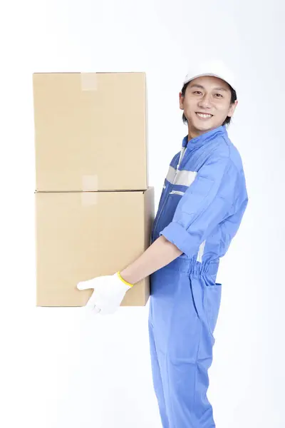 Man Blue Uniform Holding Cardboard Boxes — Stock Photo, Image