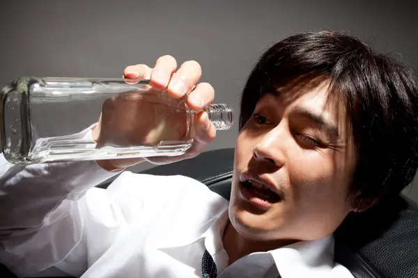 Asian Businessman Empty Bottle Alcoholic — Stock Photo, Image