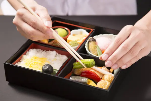 Cropped Image Person Eating Food Bento — Stock Photo, Image