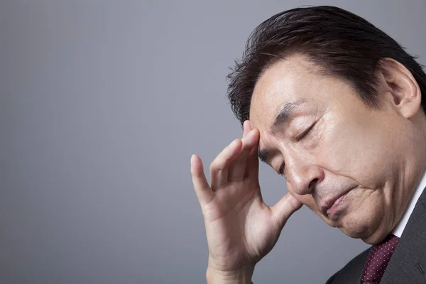 Middle Aged Japanese Businessman Grey Background Portrait Asian Man Grey — Stock Photo, Image