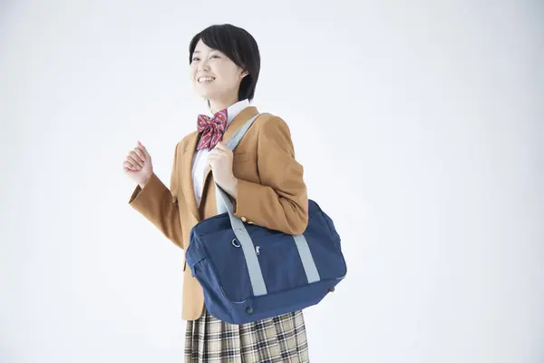 Porträtt Japansk Flicka Skoluniform Innehav Väska — Stockfoto