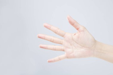 Beyaz arka planda el hareketi yapan kadınların yakın çekimi. 