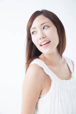 woman looking away   on white  background 