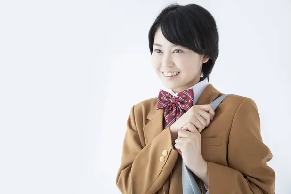 Retrato Menina Japonesa Escola Uniforme Segurando Saco — Fotografia de Stock