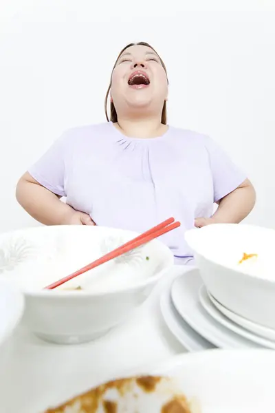 Tlustá Žena Jídle — Stock fotografie