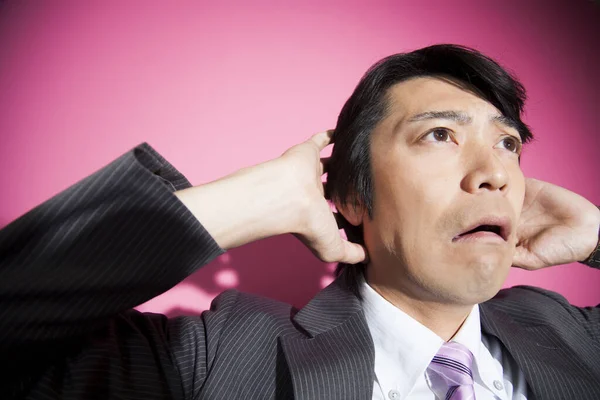 Scared Young Asian Businessman Pink Background — Stock Photo, Image