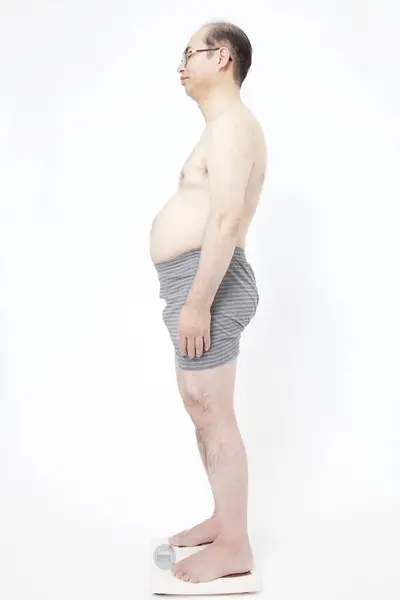 Japanese Fat Man Underwear Shows Fat Deposits Abdomen Concept Proper — Stock Photo, Image