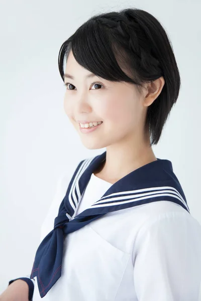 Portrait Smiling Asian Girl Wearing School Uniform Studio Shot — Stock Photo, Image