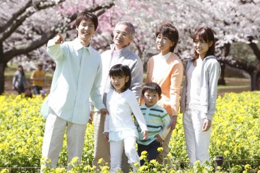 outdoor full length portrait of big cheerfull asian family posing against blooming trees clipart