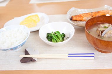 Geleneksel Japon kahvaltısı. İçinde pilav miso çorbası balık sebzeleri var.