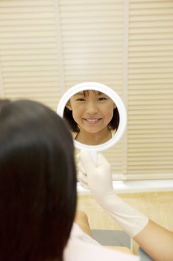 Kız dişçide aynaya bakıyor.