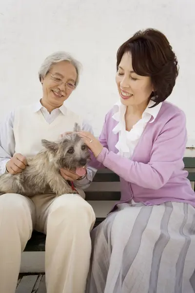 happy senior couple with pet  dog at home