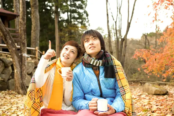 Young Beautiful Asian Couple Posing Outdoors Autumn — Stock Photo, Image