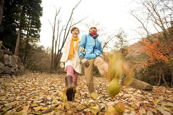 young asian couple in autumn in the forest