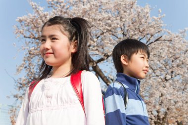 Sırt çantalı gülümseyen Japon çocuklar bahar parkında