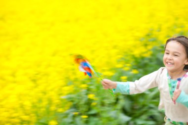 Yakut tohumu tarlasında koşan fırıldak tekerleği olan sevimli Japon çocuğun portresi.