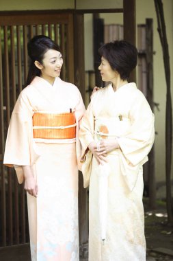 Geleneksel kimonolu iki güzel Asyalı kadının portresi. 