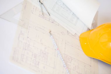 Mimarın işyeri, inşaat alanı veya mimarlık konsepti