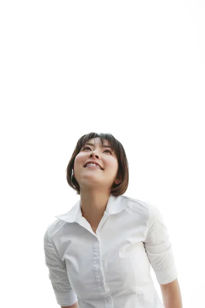Asian Woman White Shirt Looking Outdoors — Stock Photo, Image