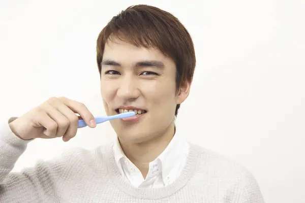 Portrait Handsome Japanese Man Brushing Teeth — Stock Photo, Image