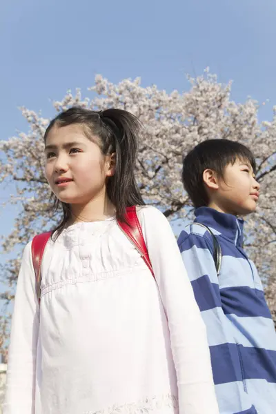 Sırt Çantalı Gülümseyen Japon Çocuklar Bahar Parkında — Stok fotoğraf