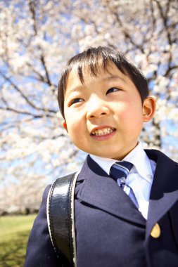 Parkta poz veren yakışıklı Asyalı çocuk portresi.
