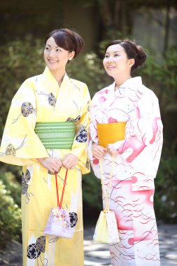 Geleneksel kıyafetler içinde iki güzel Asyalı kadın