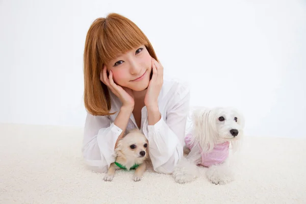 Beautiful Asian Woman Her Dogs Studio Shot — Stock Photo, Image