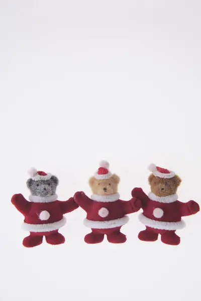 Three Teddy Bears Christmas Santa Claus Clothes — Stock Photo, Image