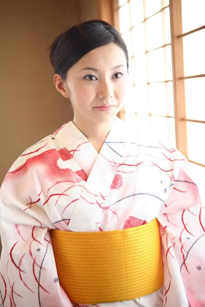Woman Dressed Traditional Japanese Kimono Indoors — Stock Photo, Image
