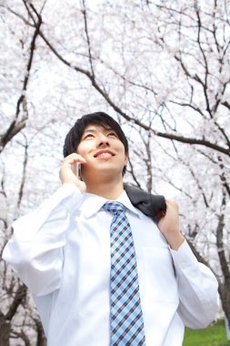 Asyalı işadamı Spring Park 'ta akıllı telefon kullanıyor. 