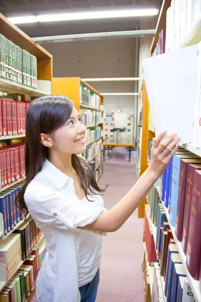 Young Asian Woman Student Choosing Book Library — Stock Photo, Image