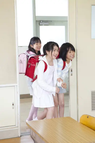 Portrait Happy Asian Schoolgirls Entering Classroom — Photo