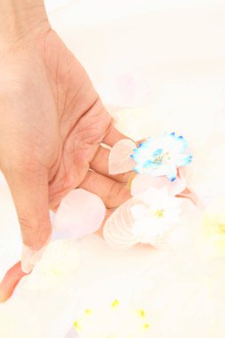 Çiçek yapraklarını tutan kadın eli