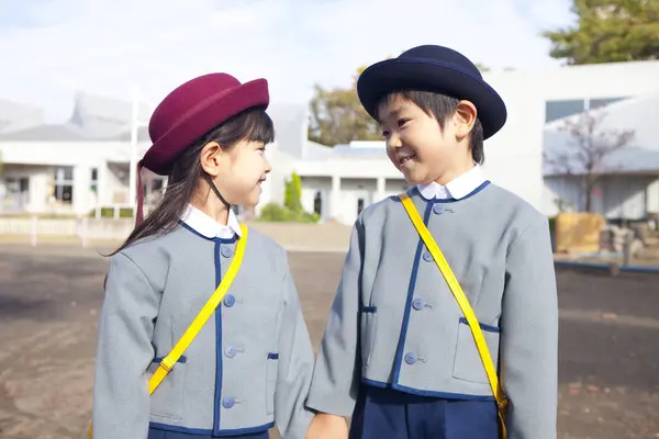 Two Cute Japanese Children Elementary School — Stock Photo, Image