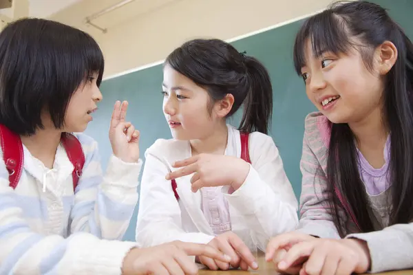 Portrait Cute Japanese Schoolgirls Classroom — Photo