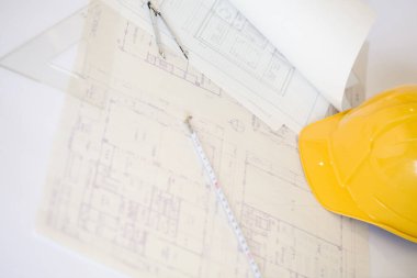 Mimarın işyeri, inşaat alanı veya mimarlık konsepti