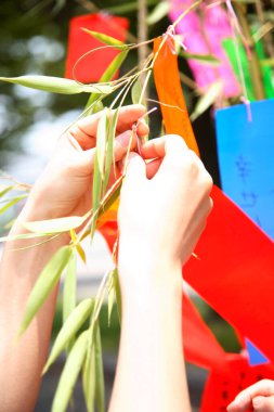 Asyalı erkek ve kadın dileklerini kağıda yazıp ağaca astılar. 