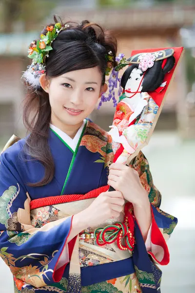 Beautiful Japanese Young Woman Traditional Costume Temple — Stock Photo, Image