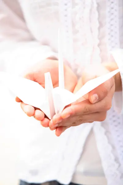 Mulher Mãos Segurando Origami Pássaro — Fotografia de Stock