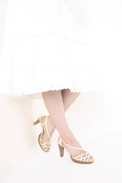 Woman White Dress High Heels — Stock Photo, Image
