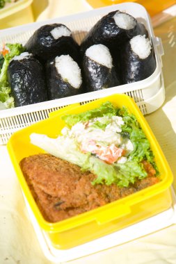 Piknikte çeşit çeşit yemekli suşi. 