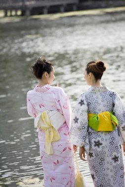 Nehir kıyısında duran iki Japon kadının arka görüntüsü. 