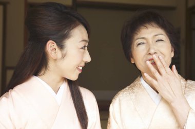 Geleneksel kimonolu iki güzel Asyalı kadının portresi. 