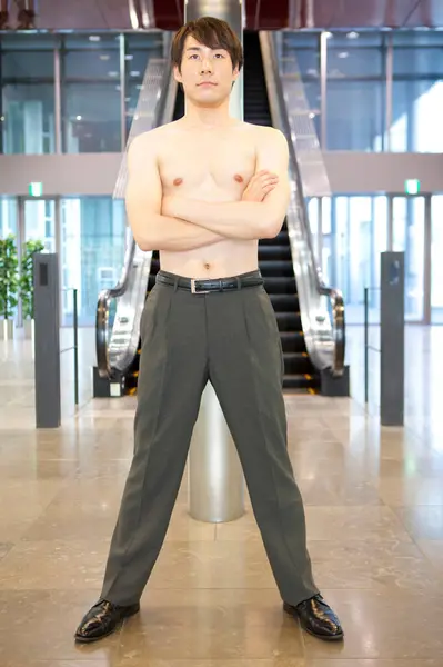 Portrait Young Shirtless Man Posing Escalator — Stock fotografie