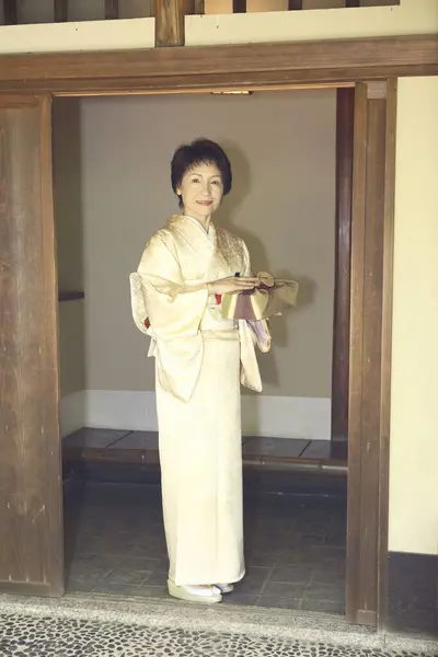 Portrait Mature Japanese Woman Traditional Kimono Holding Wrapped Bento — Stock Photo, Image