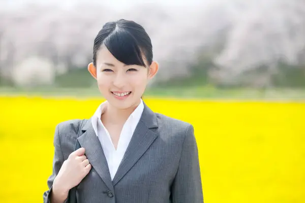Portrait Beautiful Young Japanese Businesswoman Yellow Flowers Field Background — Stock Photo, Image