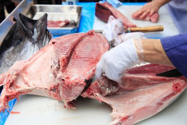 Ton balığı kesiyor.