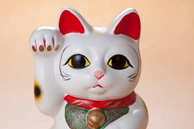 Maneki neko şanslı kedi arka planda, kapat